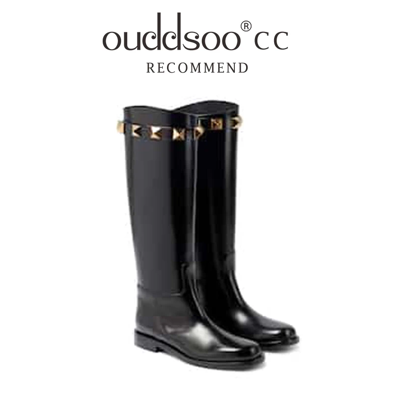ODS Women Fall New Stud Black Leather Flat Knee High Boots Round Toe Rivets Solid Color Tall Luxury Designer Shoes Winter 414346