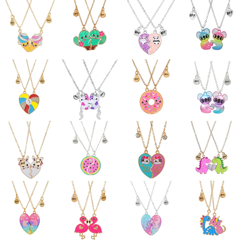 2Pcs/set Watermelon Cactus Unicorn Cat Heart Animal Pendant Girl BFF Necklace for 2 Best Friends Kids Friendship Jewelry Gifts