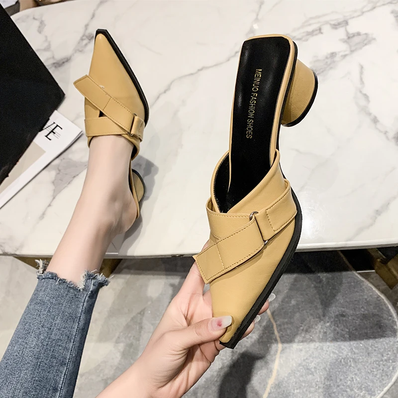 

Slippers Casual Pointed Toe Med Shoes Loafers Mules For Women 2023 Slides Pantofle Luxury Soft Cover New PU Hoof Heels Rubber