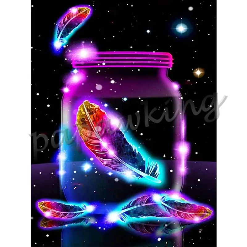 

Neon Diamond Painting Bottle Shining Feather New Arrival 5D Diy Diamond Embroidery Cross Stitch Mosaic Scenery Wall Art 3D Decor
