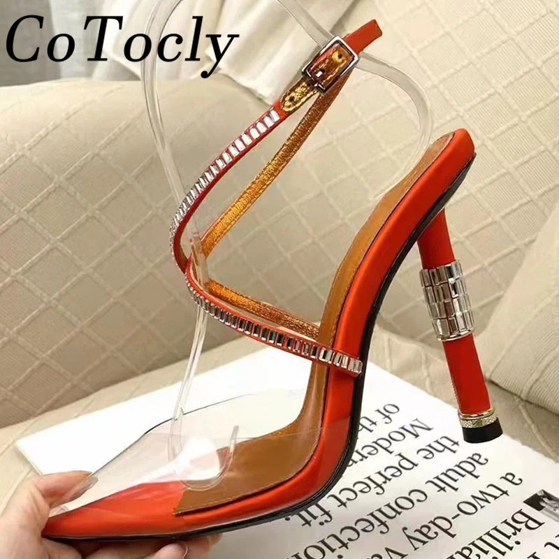 Summer High Heels Sandals Woman Pointed Toe Clear PVC Party Shoes Women Crystal Ankle Strap Studded Heels Shoes For Women