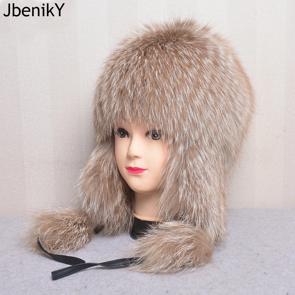 New Style Luxury 100% Natural Real Fox Fur Hat Women Winter Knitted Real Fox Fur Bomber Cap Lady Warm Soft Fox Fur Beanies Hats