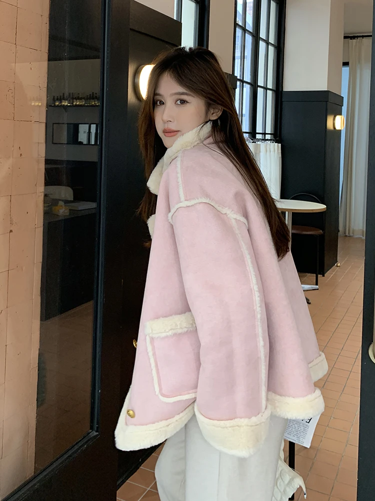 Suede Fur Integrated Women Winter 2024 New Environmental Protection Lamb Wool Outerwear Small Fleece-lined Motorcycle Clothin... |