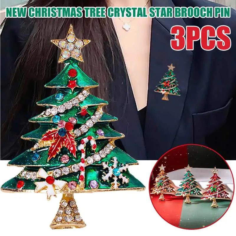 

Christmas Tree Brooch Crystal Rhinestone Xmas Star Brooches Pin Accessories Gift Simulated Rhinestone Decorated Sweater Jewelry