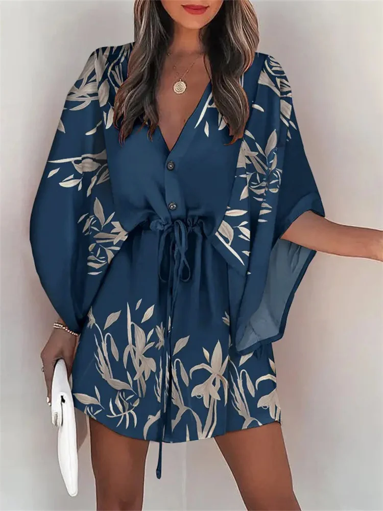 

Thorn Tree Vintage Women Casual V-neck Dress Half Sleeve Leaf / Floral / Irregular Print Buttons Elastic Waist Short Mini Dress