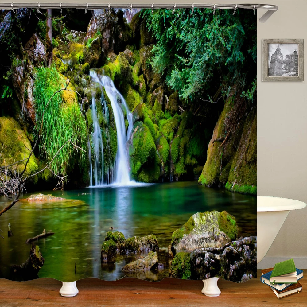 

3d Printed Waterfall Forest Scenery Shower Curtain Polyester Fabric Waterproof Bathroom Curtain With Hooks Bath Curtain 180*200