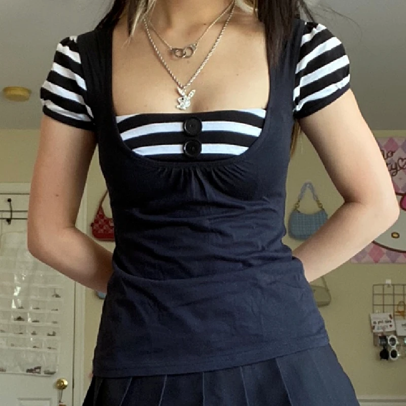 

Dourbesty Harajuku Kawaii T-shirt Patchwork Striped Pullovers Tee Aesthetic Fairycore Grunge Vintage Crop Top Y2K Women Academia