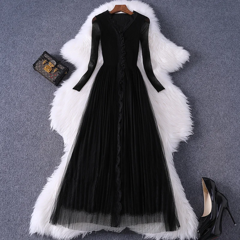 

Женское винтажное платье с длинным рукавом, плиссированное Сетчатое платье с V-образным вырезом и кружевной отделкой в стиле пэчворк, весна 2023