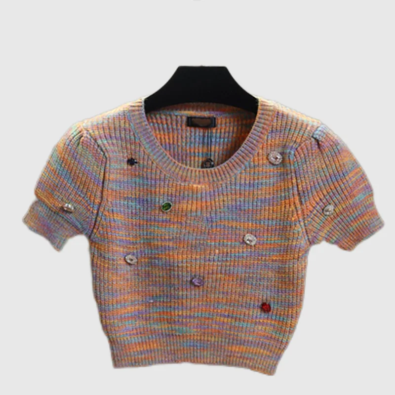 

Summer 2022 Big Name, Casual Fashion Ladies Clothing Rainbow Color Knitted Short Sleeve Top with Short Skirt Shorts Looks Good