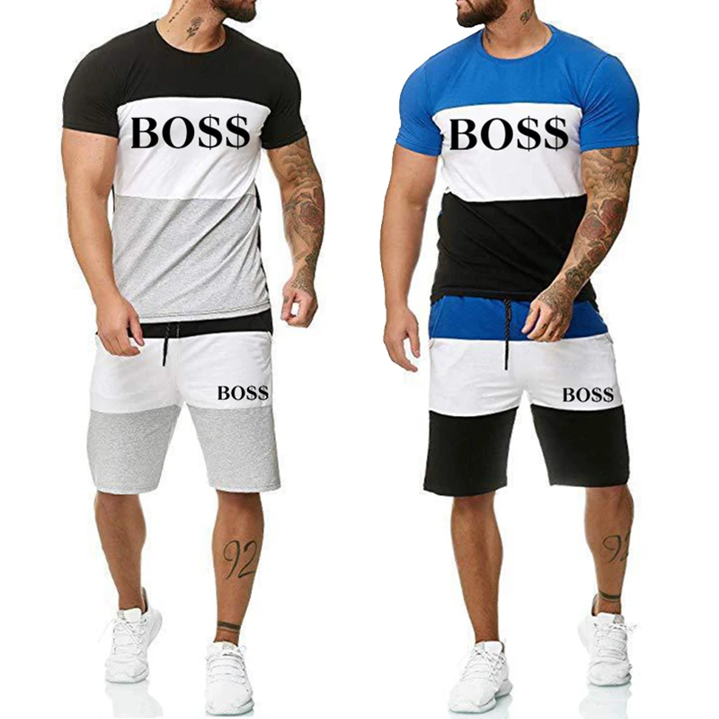 

Men's Fashion Bodybuilding Striped Tracksuits Summer Casual Cool Short Sleeve Print Sports Streetwear Graphic T-shirt Shorts Set