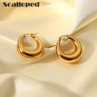 scalloped vintage smooth hollow stainless steel hoop earrings for women 25 mm street style girls daily wear ear jewelry