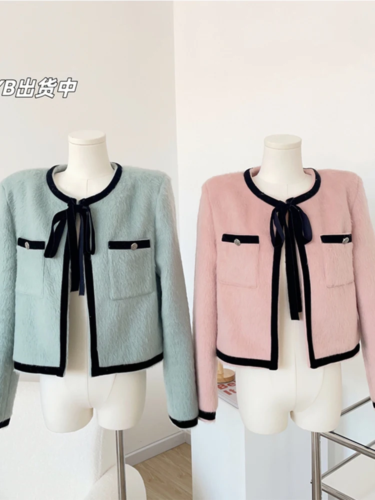 

Korean Style Contrast Color Outer Tie Up Plush Straight Women Jacket Coat O-neck 2022 Autumn Lady Vintage Over-coat Trendy Cozy