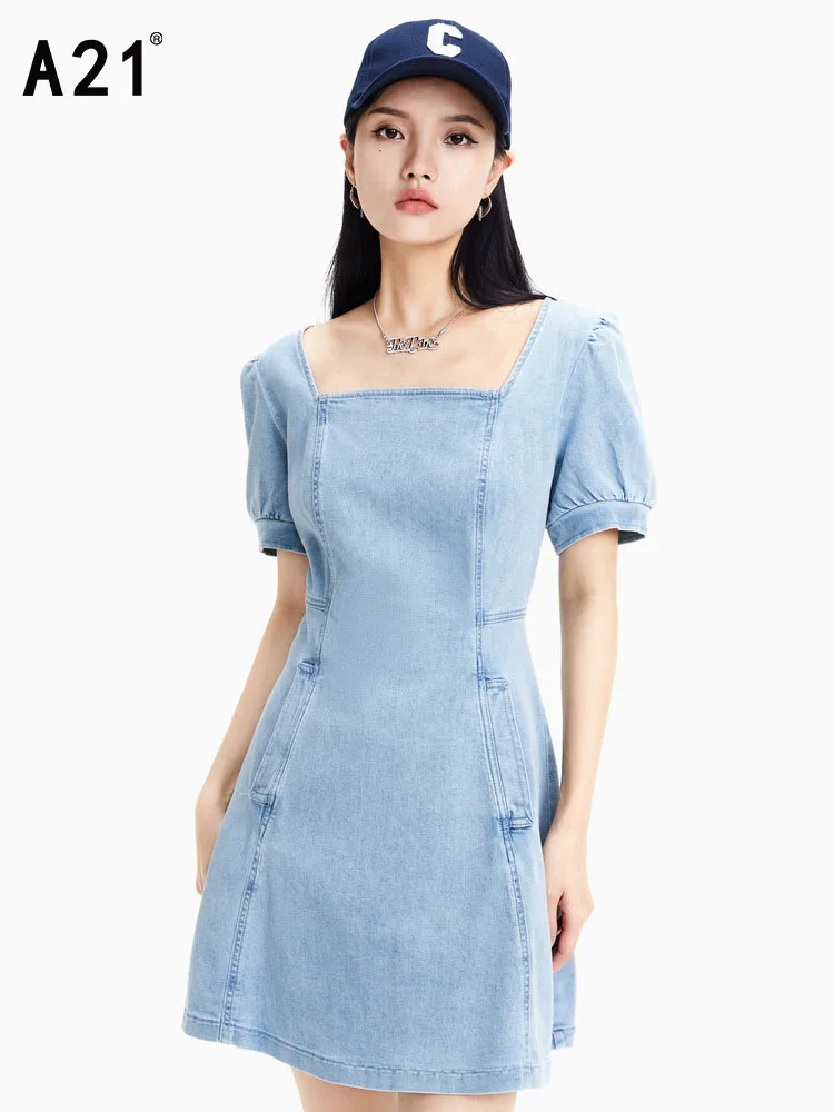 

A21 Denim Dress Female 2022 Summer New Korean Version French Retro Waist Square Neck Bubble Short Sleeve Short Dress