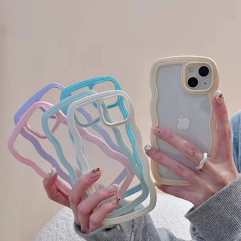 

New Simple Wave Edge Frame Transparent Phone Case All-inclusive Anti-drop Silicone Cover For iPhone 13 12 11 Pro Max X XS XR