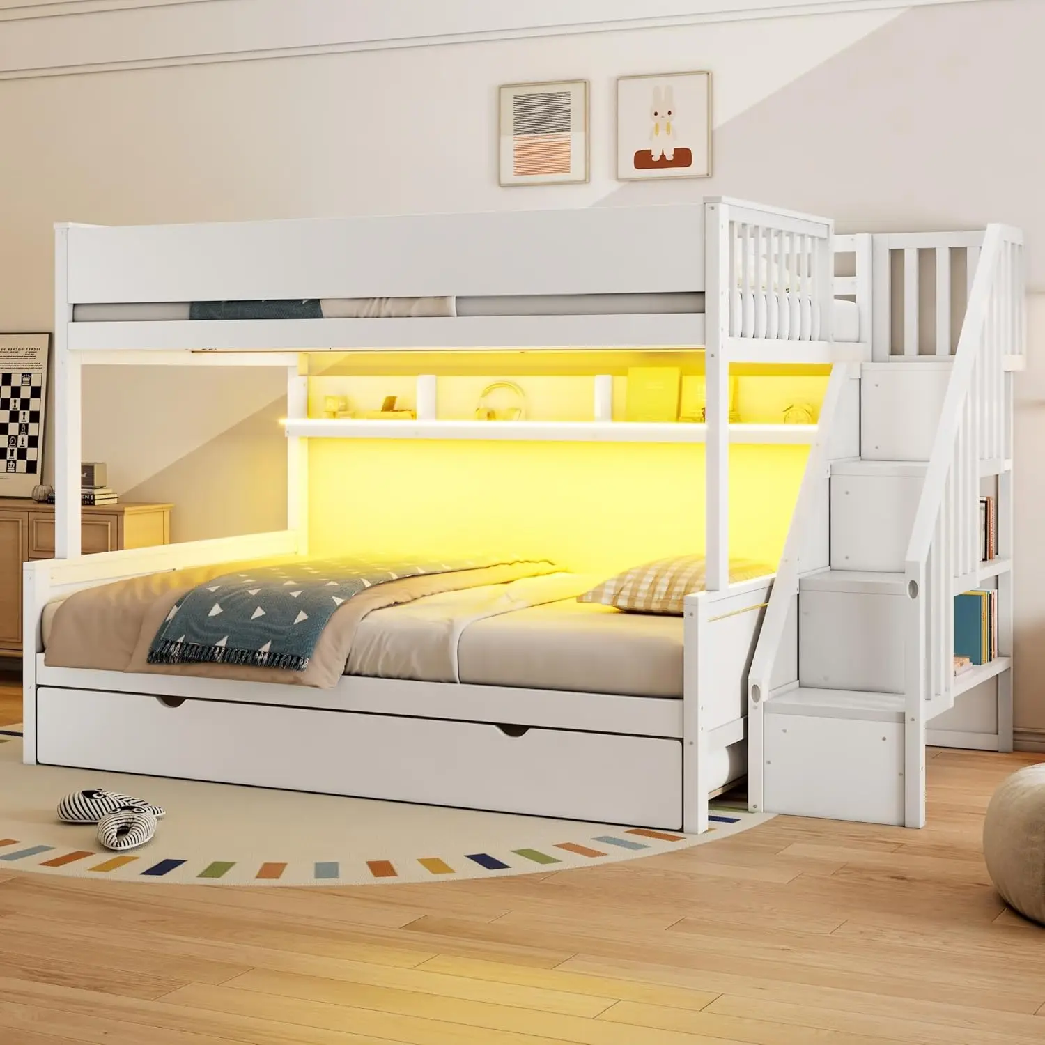 Фото Двухъярусная кровать Full XL/Queen с лестницей, LED-подсветкой, полками, выдвижным ящиком для хранения, лестницей-стремянкой, для детей, подростков и взрослых, экономия пространства, белая, на заказ №4