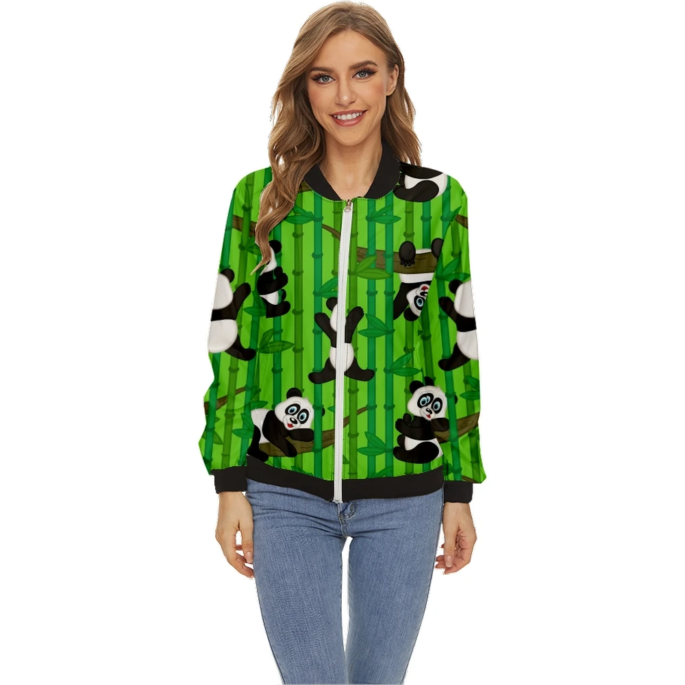

Women's Jacket Tops Long Sleeves Baseball Collar Zipper Coat Slim Lady Girls Panda pattern Bomber Jacket Street Style
