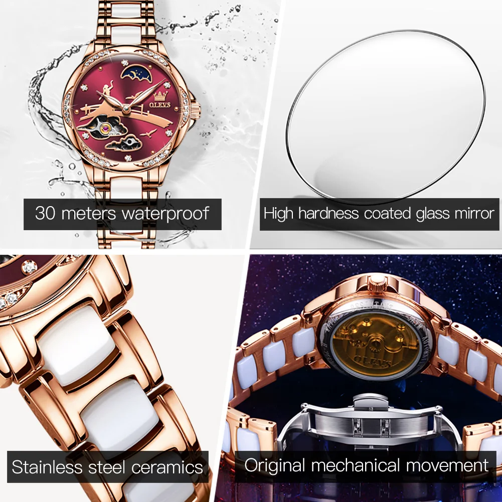 OLEVS Fashion Luxury Watch For Women Automatic Wind Up Ceramics Strap 30M Waterproof Mechanical Wrist Watch lady Reloj de damas enlarge