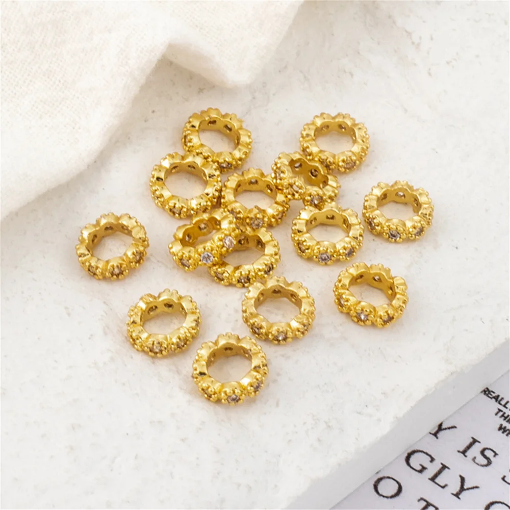 

18k copper covered gold color preserving inlaid zirconia wreath crown ring spacer beads 8mm handmade diy loose beads