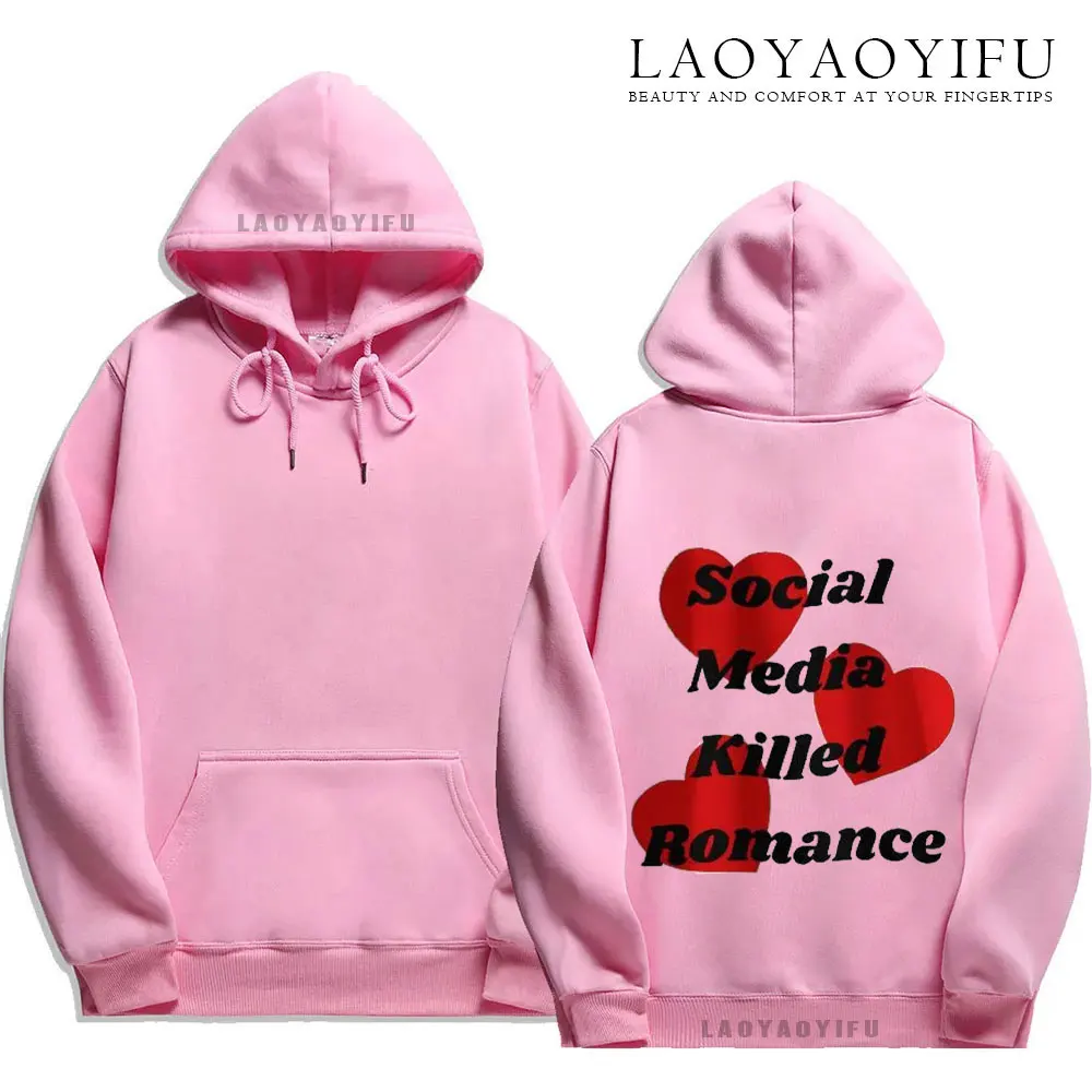 Фото Уютная толстовка с капюшоном The Social Media Killed Romance, удобные толстовки для мужчин и женщин, толстовки в стиле Харадзюку, уличная одежда с длинными рукавами №4