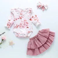 3 pcs baby girls clothes set round neck long sleeve flower print ruffles romper solid color pleated bubble skirt bow headband