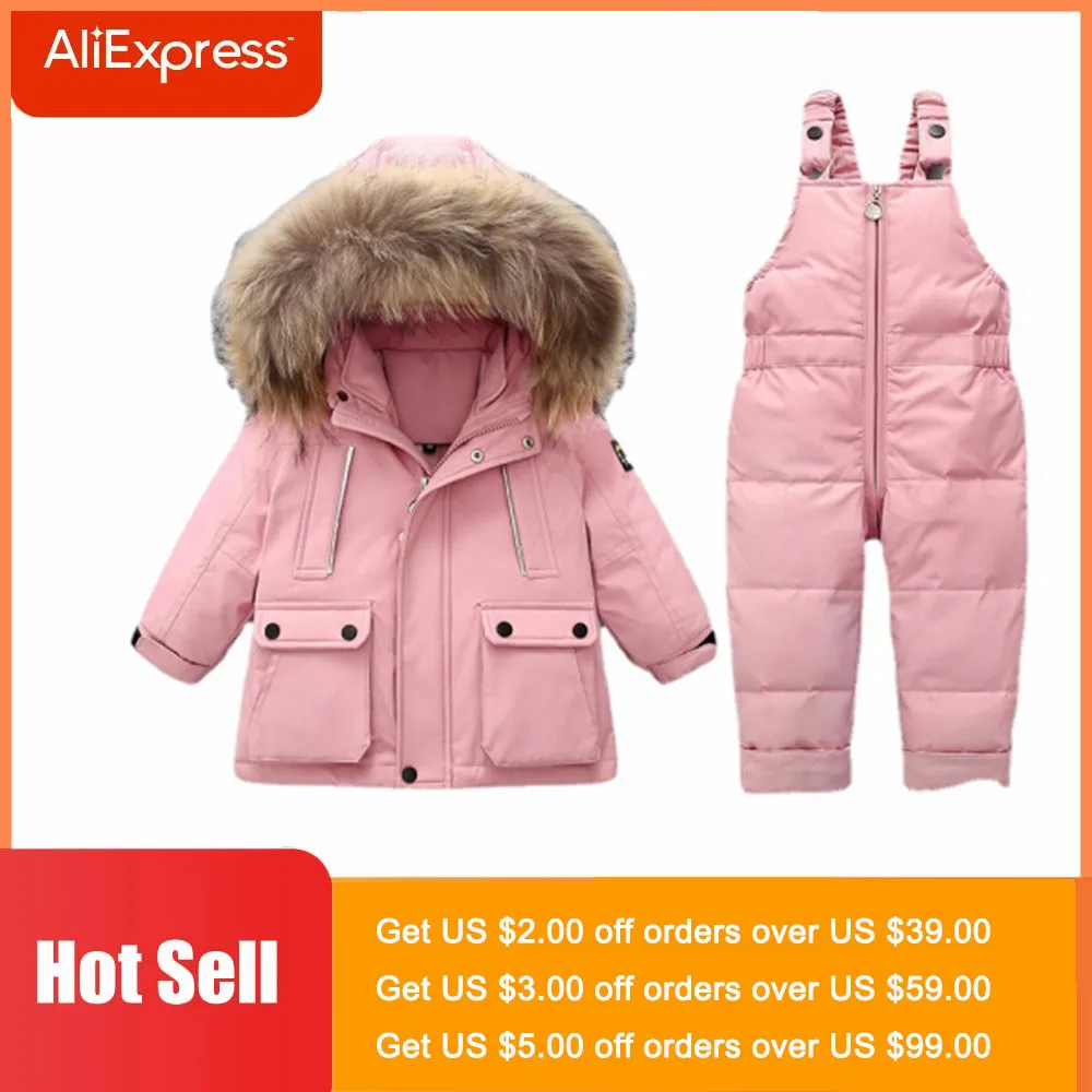 

Warm Down Jacket Coat 2pcs Set Parka Real Fur Hooded Boy Baby Overalls Winter Girl Toddler Thick Warm Overall Snowsuit