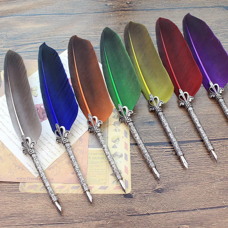 

1 Set Multicolor Retro Quill Dip Pen Turkey Feather Pen Quill Oblique + 5 Nibs+ Pen Set Gift Writing Tools Office School Supply