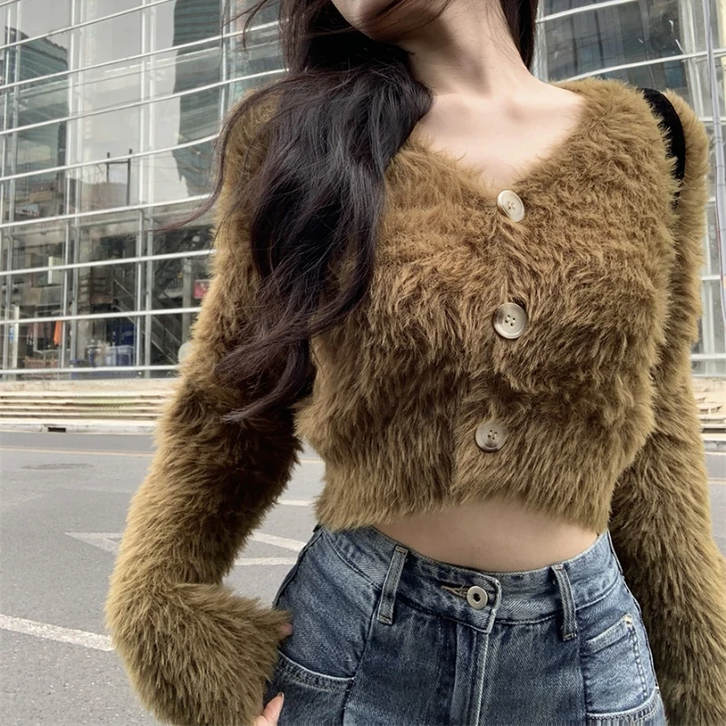 

Укороченный кардиган, эластичный вязаный шерстяной свитер из норки, Женский Топ Y2k, весенне-осенние свободные кардиганы, уличный пикантный ...