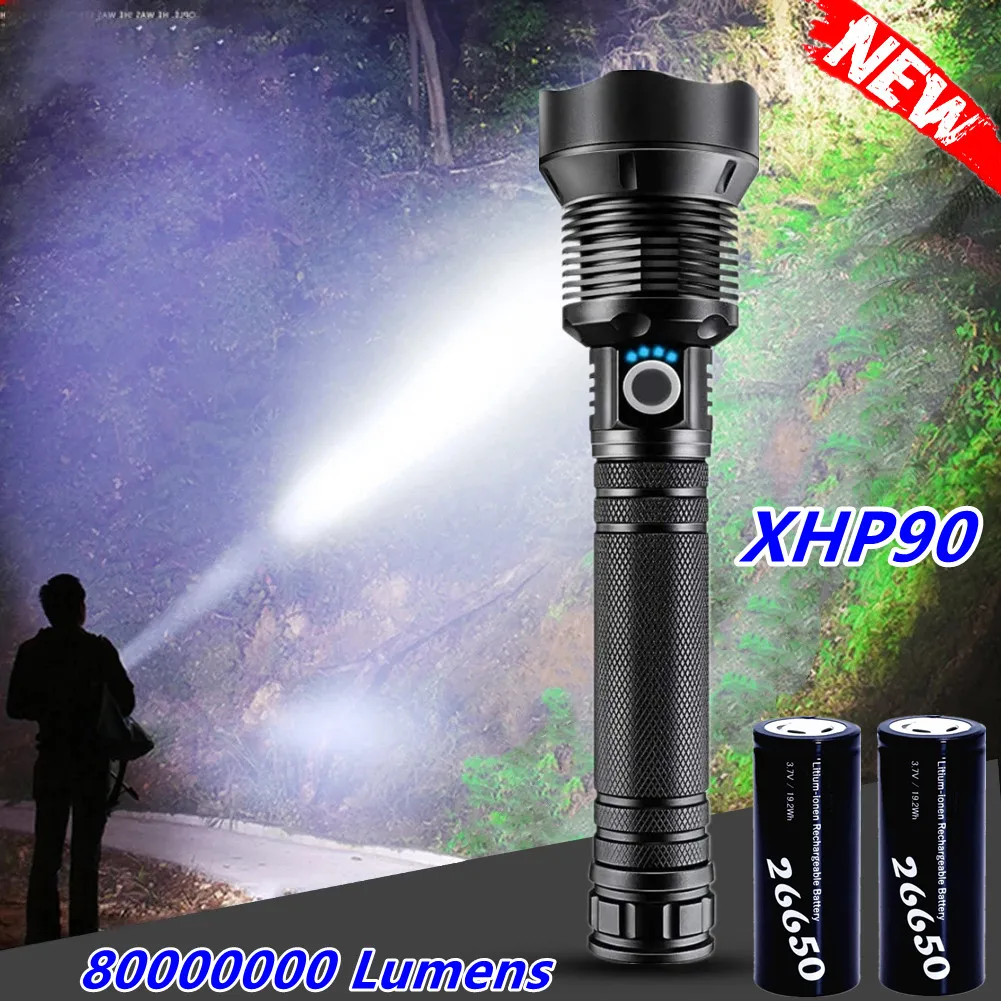 

2021 NEW XHP90 Flashlight Powered Battery Torch LED Flash light 6000000LM USB Rechargeable Waterproof Outdoor Night Fishing Lamp