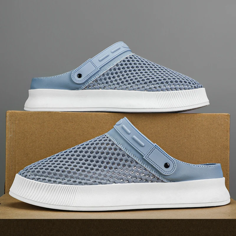 

2023 Men's New One Step Step Half Trailer Slippers Mesh Breathable Sandals Lightweight Casual Shoes