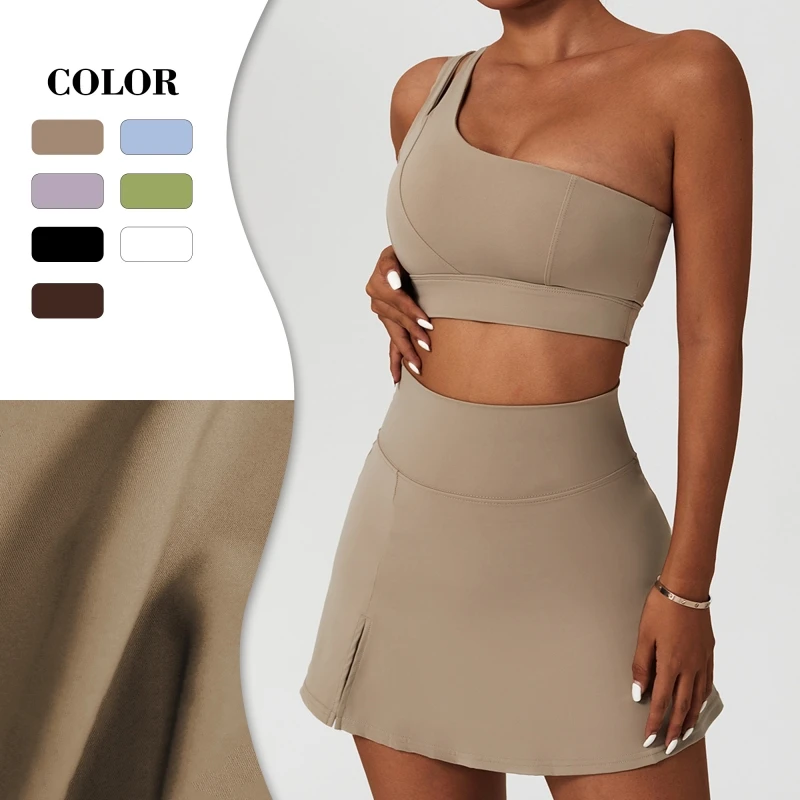 

Женский спортивный костюм с юбкой и высокой талией, однотонный комплект из 2 предметов для йоги