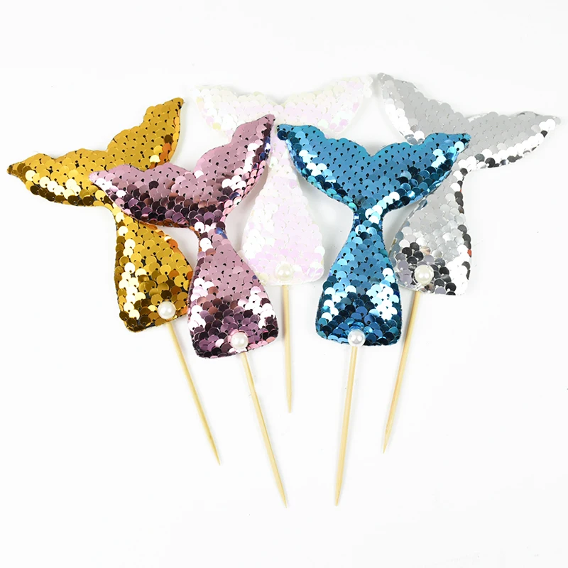 

5pcs Mermaid Tail Cupcake Toppers Sequins Cake Picks Little Mermaid Party Cake Decorations Baby Shower Wedding Birthday Supplies