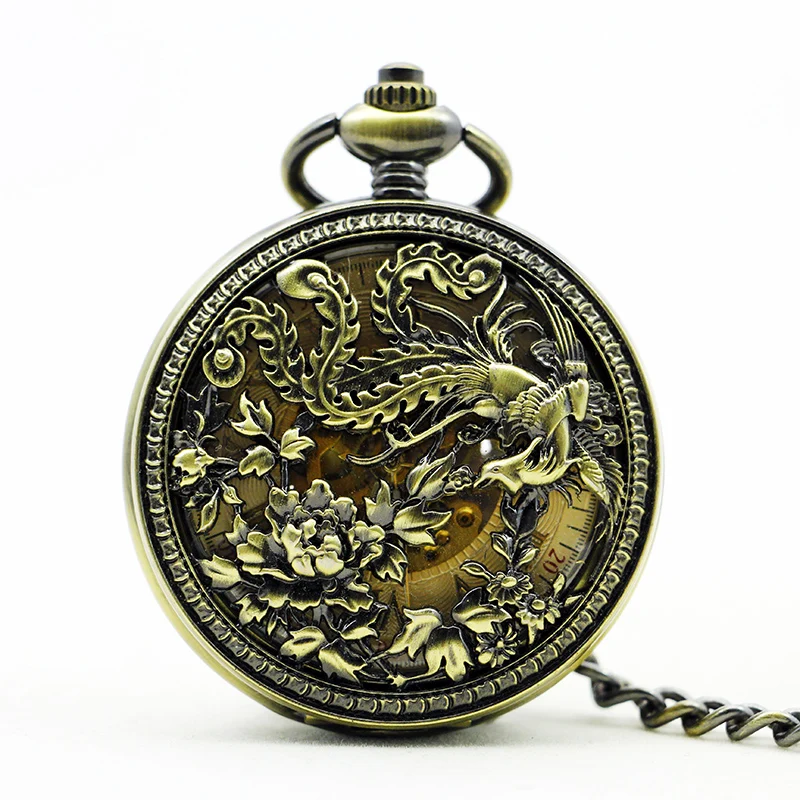 

Bronze Phoenix Hollow Mechanical Pocket Watch Flip Personalized Roman Numeral Retro Belt Chain Pendant Clock Unisex Student Gift