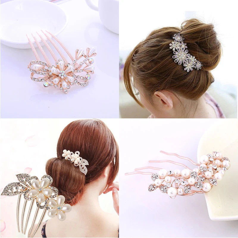 

Sparkling Crystal Imitation Pearls Insert comb Hair Combs Tiara For Women Pretty Leaf Flower Hairpin Wedding Hair Accesories