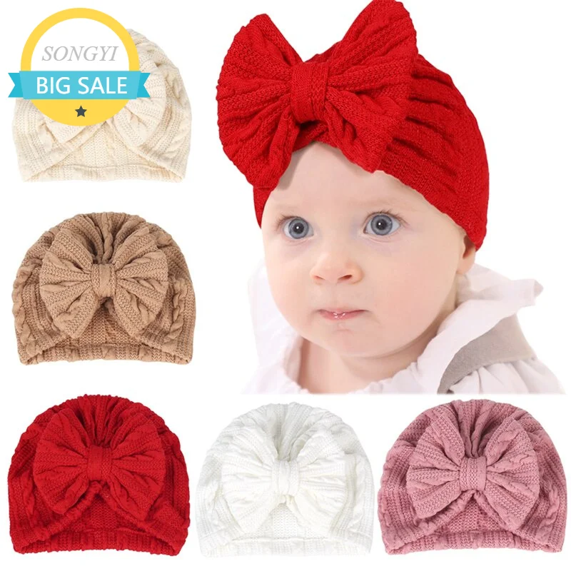 

Infant Baby Girls Bow Hat with Solid Color, High Elasticity Casual Newborn Soft Head Wraps Turban Accessory 0-18M Cap Bow Hat
