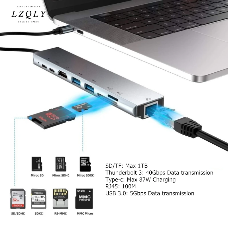 

LZQLY Type-C to RJ45 Ethernet HDMI-compatible 4K USB 3.0 C Dock SD TF Hub for MacBook Samsung S21 Dex Xiaomi 10 XPS15 PS5