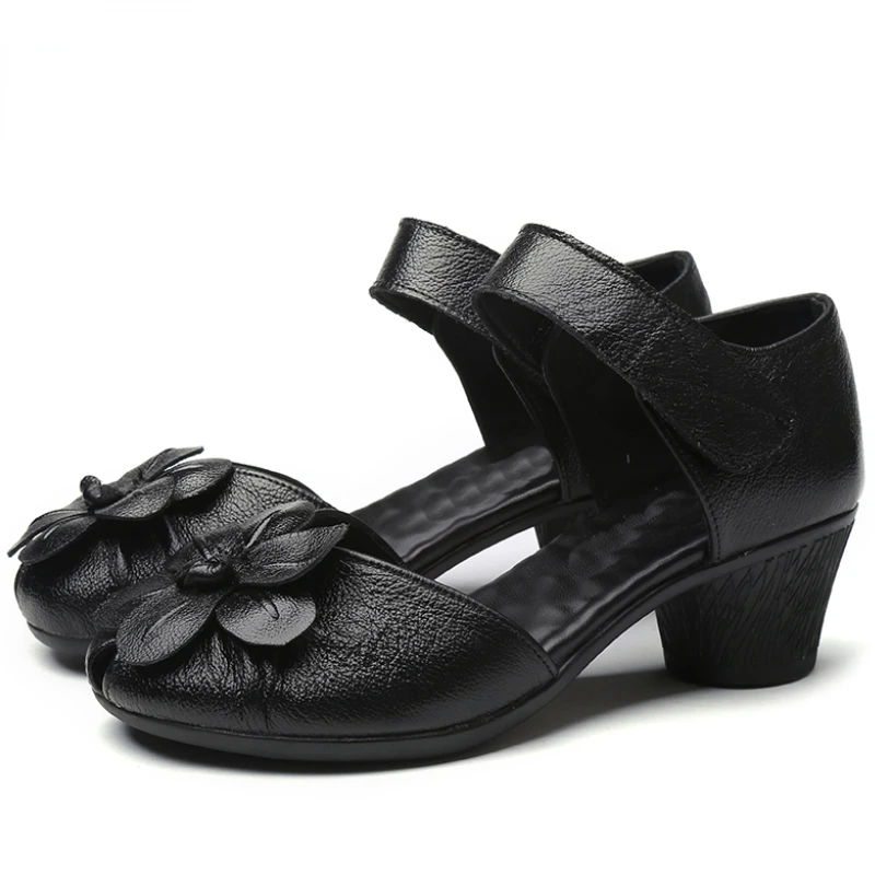

Women Summer Genuine Leather Sandals Female Fashion Flower Handmade Casual Pumps Thick Round Heel Back Strap Size 41 Black Shoe