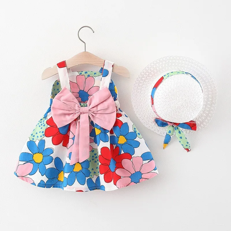 

2022 Summer Baby Kids Princess Floral Printed Suspender Bow Dress for Girls Children's Clothing with Straw Hat