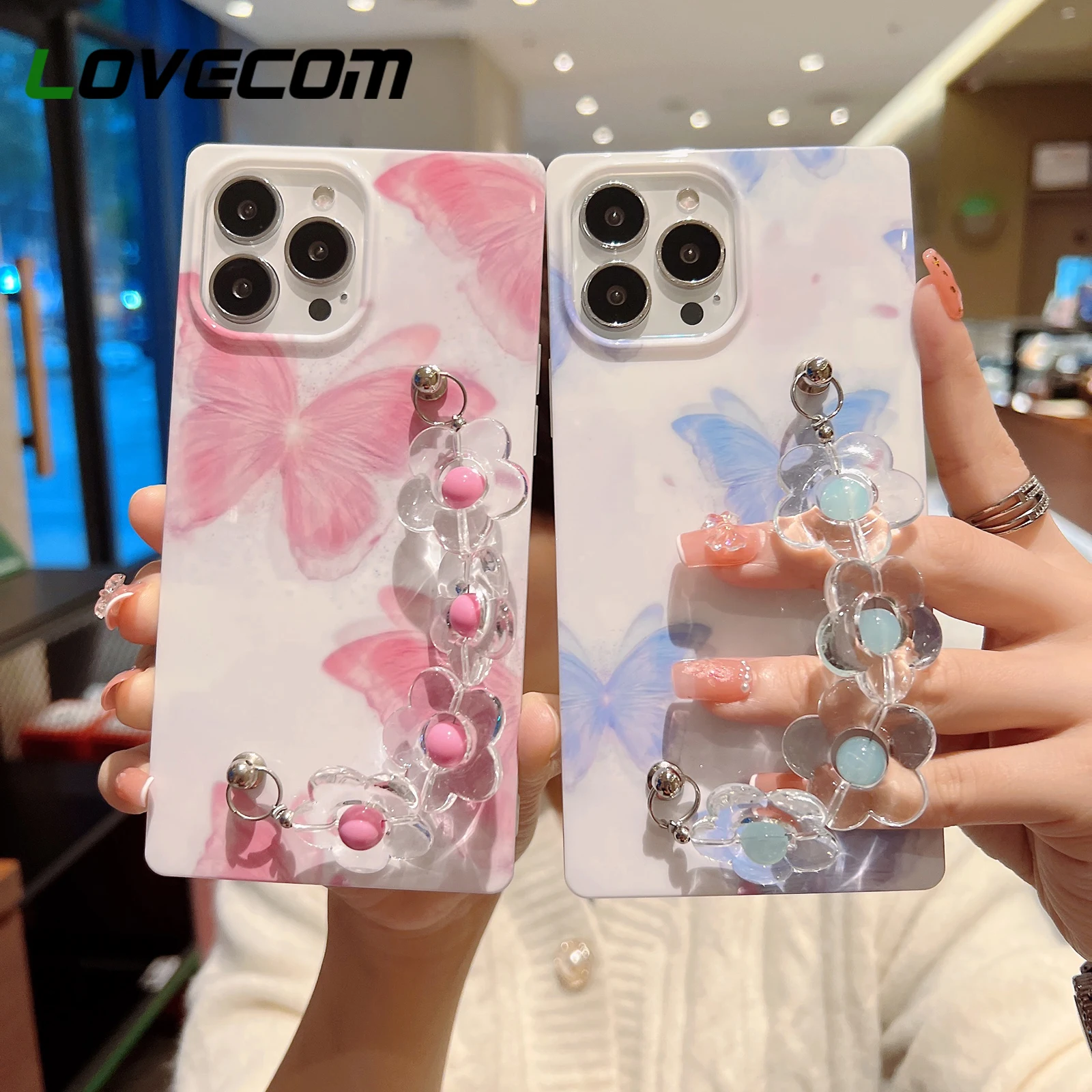 

With Flower Bracelet Ins Spring Butterfly Square Phone Case For iPhone 13 Pro Max 11 Pro Max 12 Pro Max Case Soft IMD Back Cover