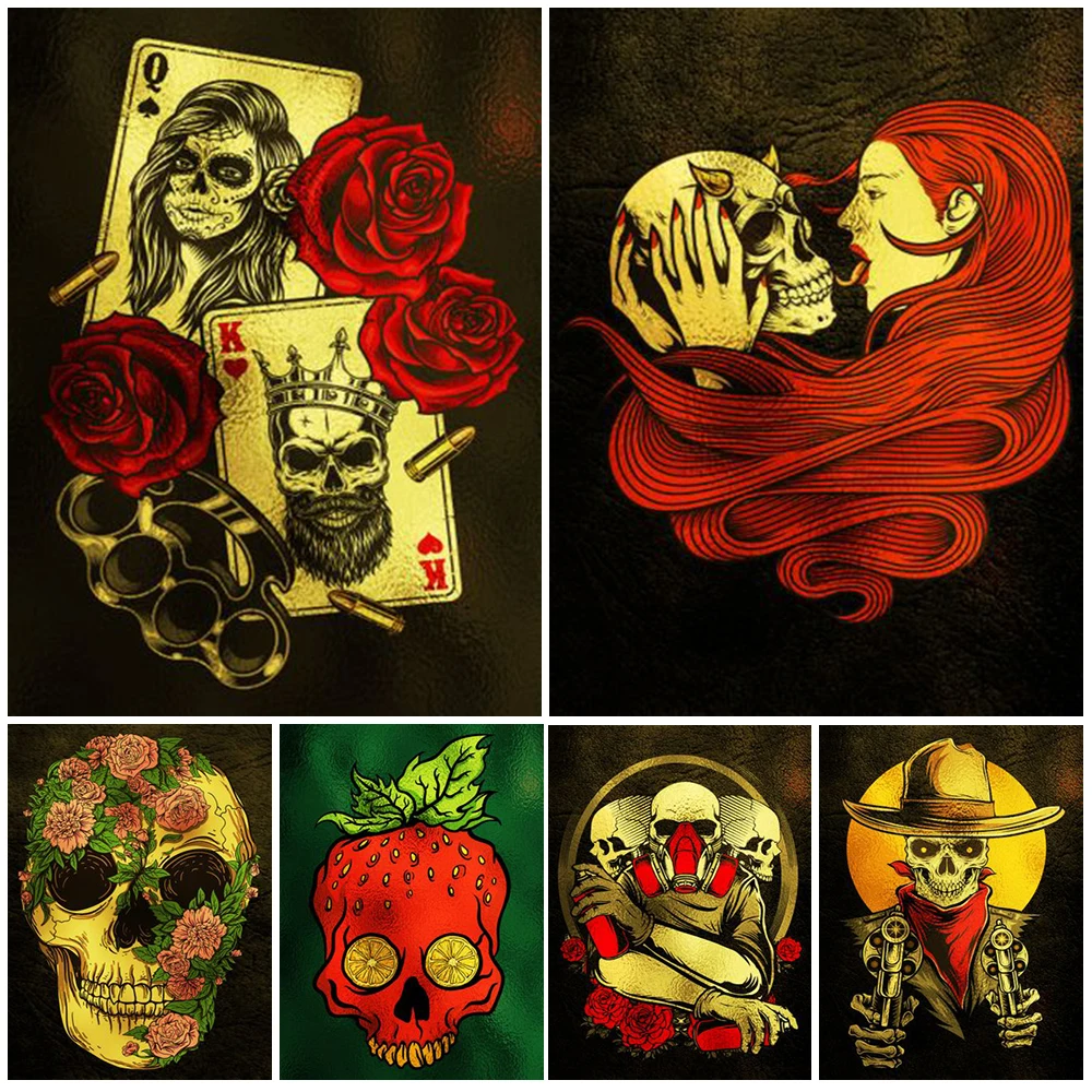 

Yellow Golden Skulls Love Rose Queen Nordic Poster Wall Pictures For Living Room Wall Art Canvas Painting Home Decor Unframed