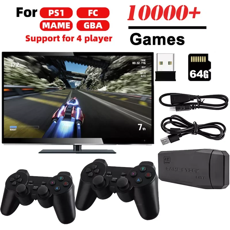 

4K Video Games Console Built-in 10000 Games Wireless Controller Gamepad Retro Handheld Game Player For PS1/FC/GBA Game Stick