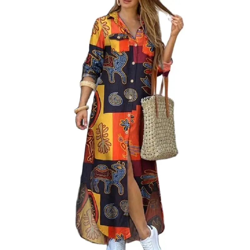 

Women Shirt Dress Element Stitching Print Long Sleeve Lapel Striped Fashion Casual Button Dress Trend Splice Ladies Clothing