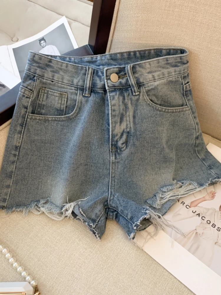 New Summer Wide Leg Denim Shorts Women Fashion High Waist Pockets Jean Shorts Lady Casual Solid Color Shorts
