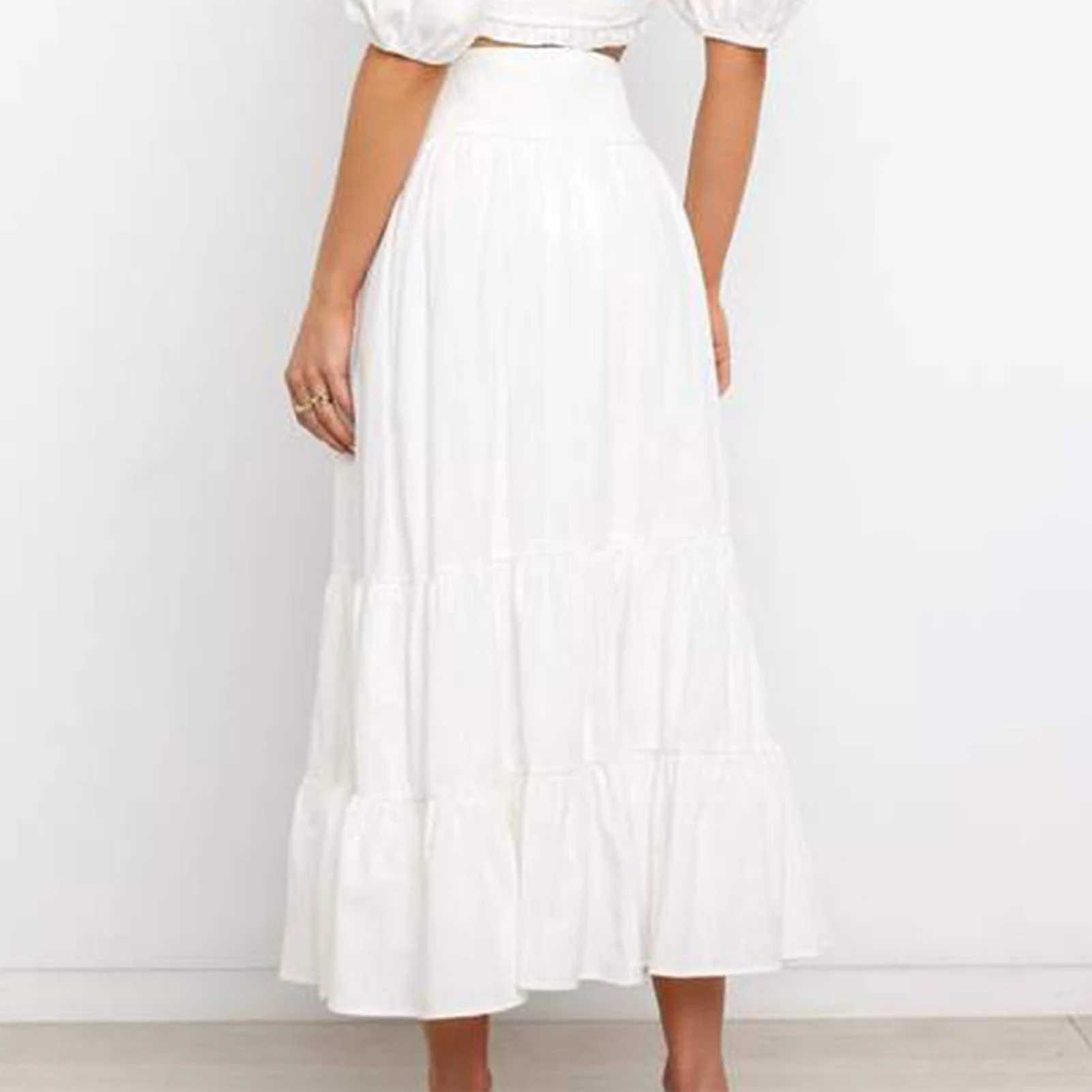 

Cotton Long Pleated Skirt Boho Style Women Oversized Skirt Elastic High Waist Casual Skirt Solid Color Sexy Daily Outfit