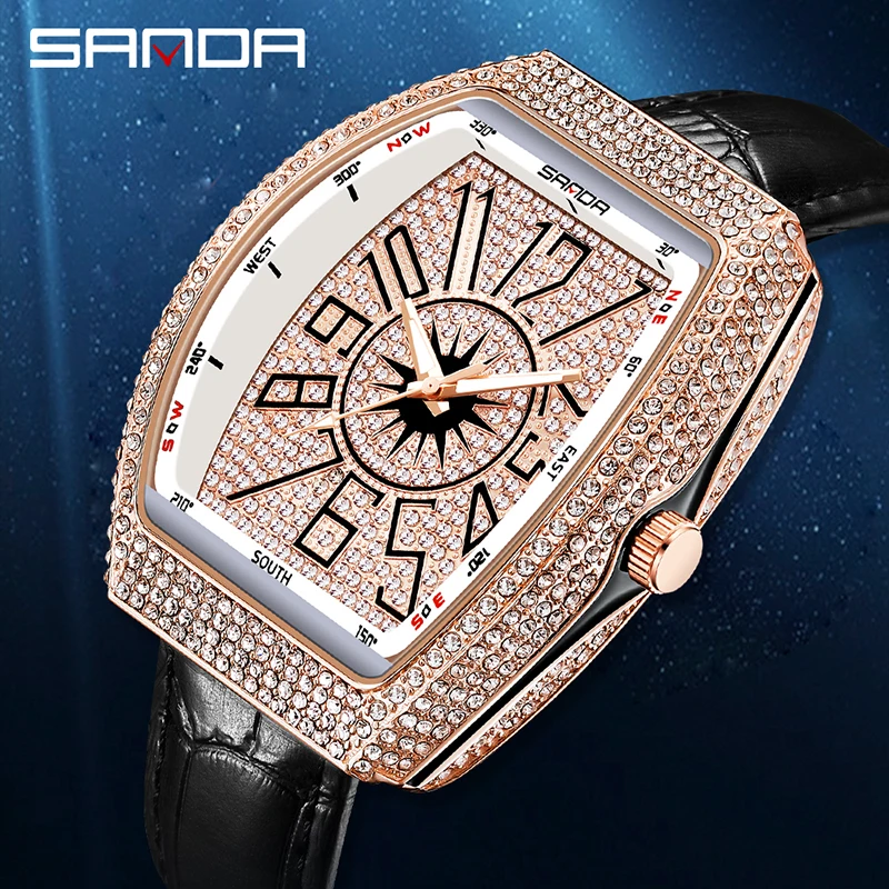 

SANDA 2023 New Luxury Personality Mens Watches Leather Strap Quartz Watch Fashion Tonneau Shape Rose Gold Case Luminous Reloj