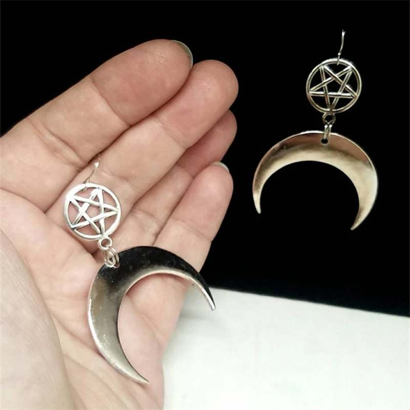 

Earring necklace set crescent moon necklace, inverted pentagram, upside down moon, occult, esoteric, gothic, satanic symbols