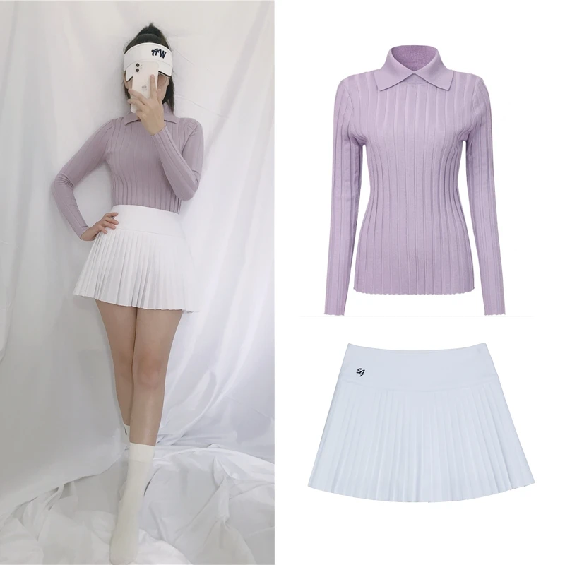 Swan Love Golf Ladies Knitted Shirt Women Lapel Stripe Long Sleeve T-shirt Spring/fall Golf Sweater Sports Pleated Short Skirt