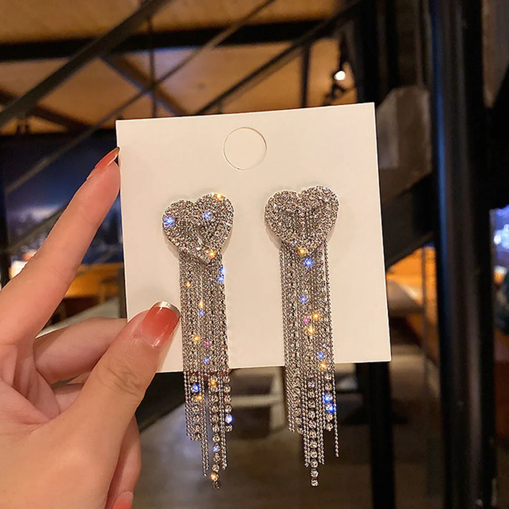 

Simplicity Diamond Studded Love Tassel Earrings For Woman 2022 New Fashion Korean Jewelry Temperament Girl's Daily Wear Earrings