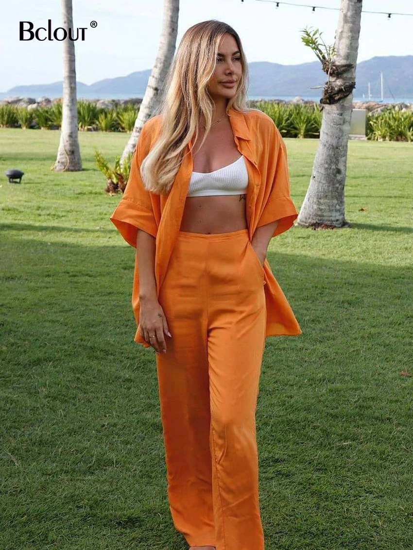 Bclout Orange Linen Trouser Suits Women Loose Short Sleeve Single Breasted Long Shirts Casual Wide Leg Pants Set Woman 2 Pieces