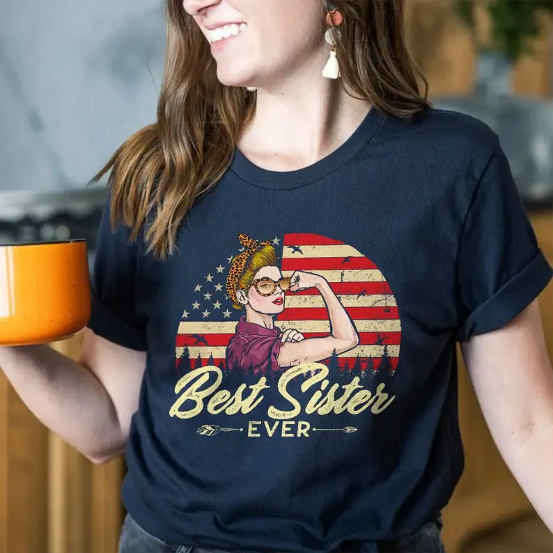 

Персонализированная рубашка лучшая сестра с американским флагом, яркая рубашка для сестры, забавный подарок на день рождения, идея для фото...