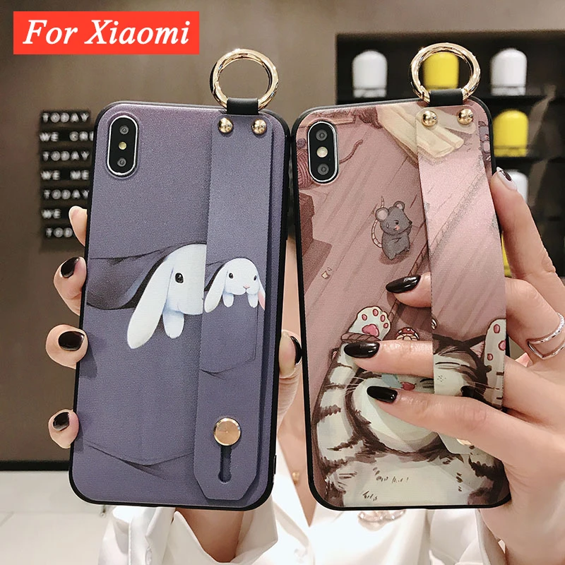 

Funny Animal Wrist Strap Case for Xiaomi Redmi 9T 10C 9C 10 Note 8 9 10S 11 7 Mi 11T Poco X3 Pro F3 Cat Rabbit Phone Holder Case